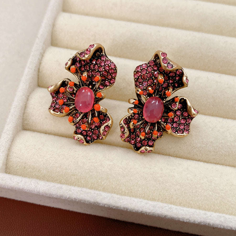 Vintage Floral Rhinestone Stud Earrings With S925 Sterling Silver Post