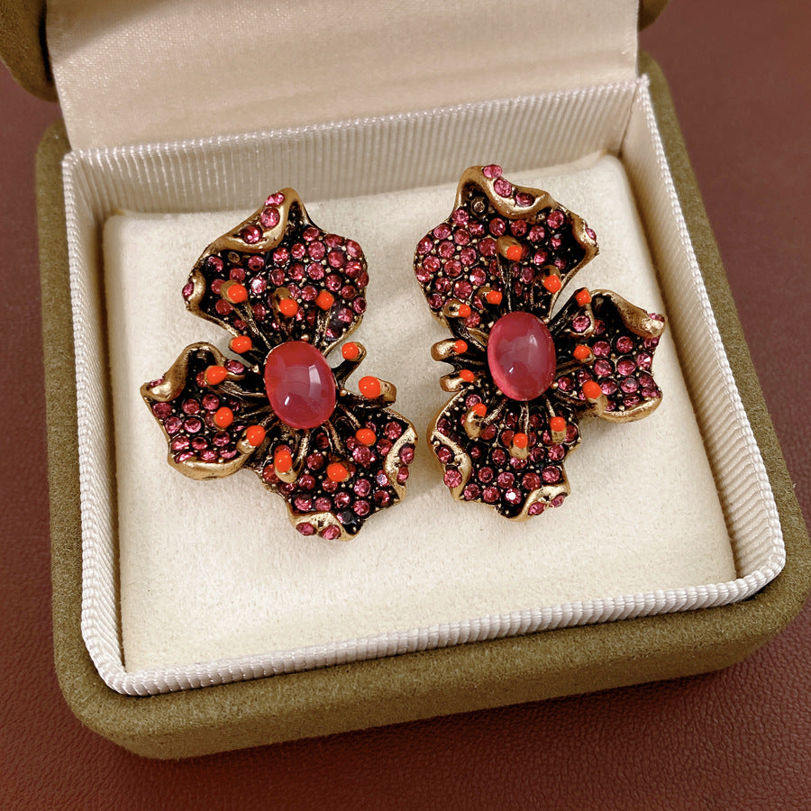 Vintage Floral Rhinestone Stud Earrings With S925 Sterling Silver Post