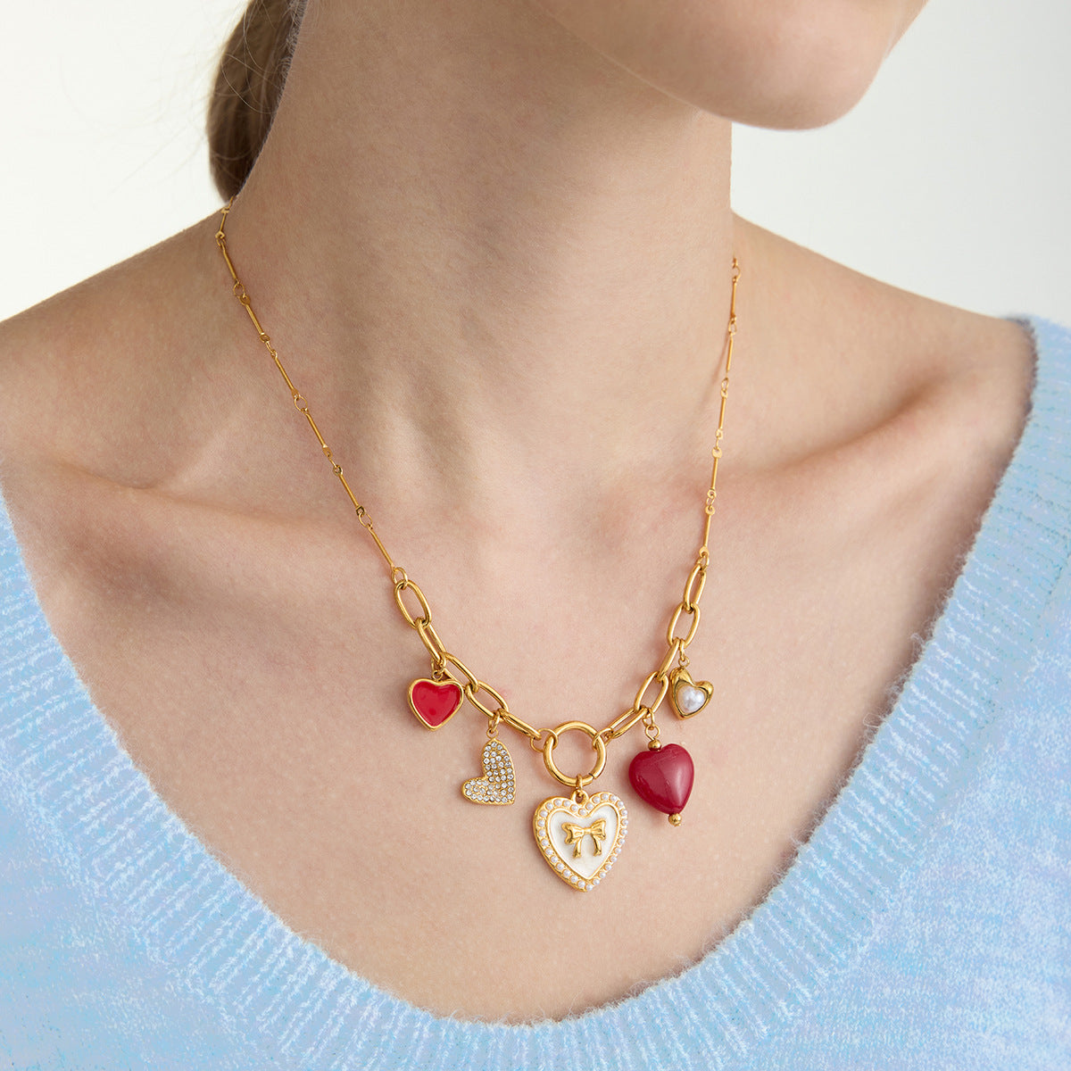 Retro Multi-Style Stainless Steel Heart Necklace Set