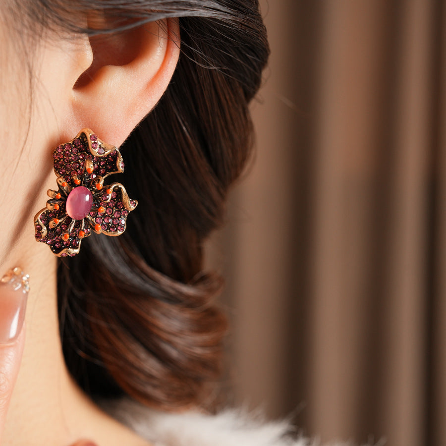 Vintage Floral Rhinestone Stud Earrings With S925 Sterling Silver Post