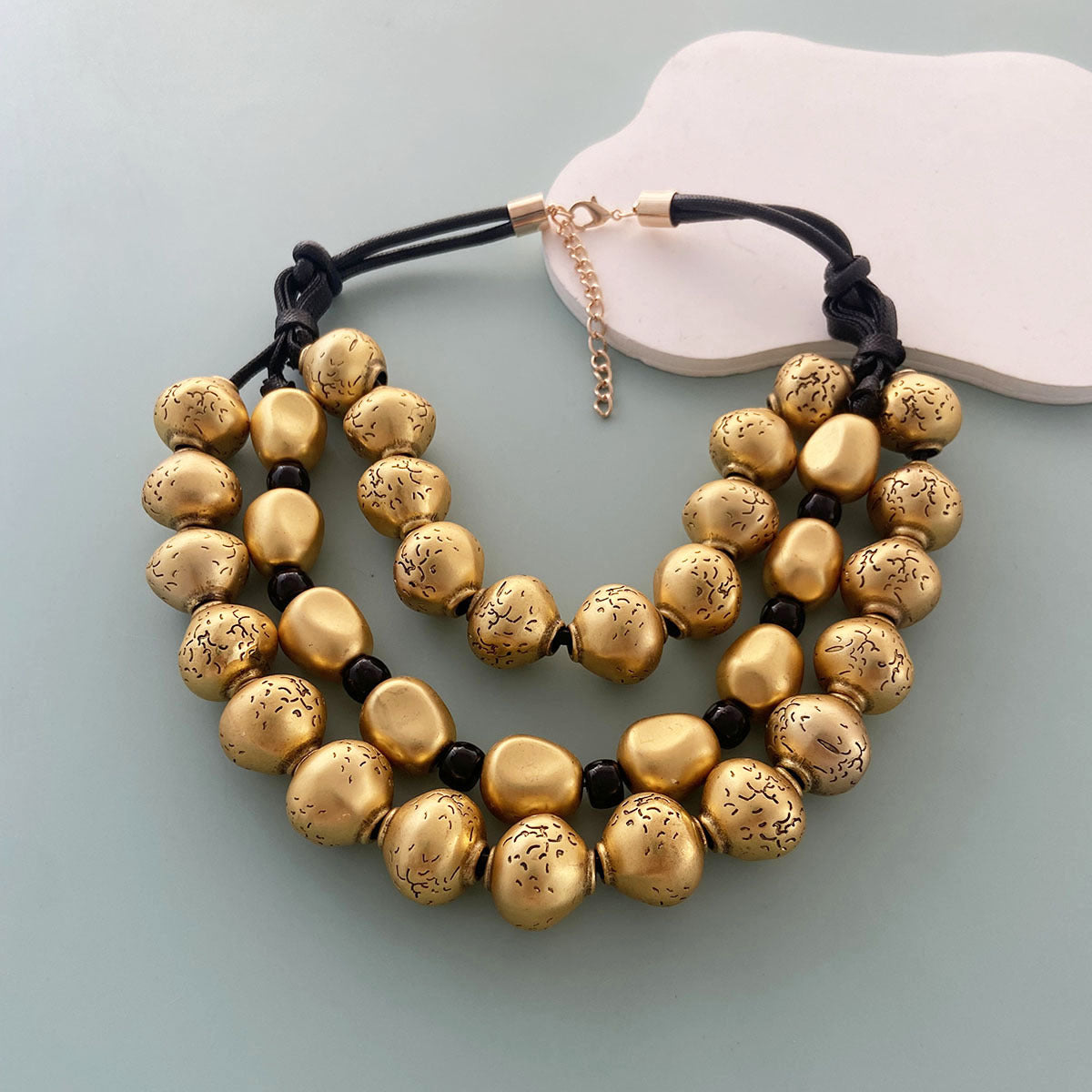 Exaggerated Retro Trendy Three Layer Gold Bead Hand Knotted Rope Necklace