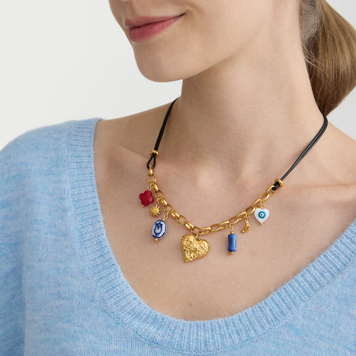 Retro Multi-Style Stainless Steel Heart Necklace Set