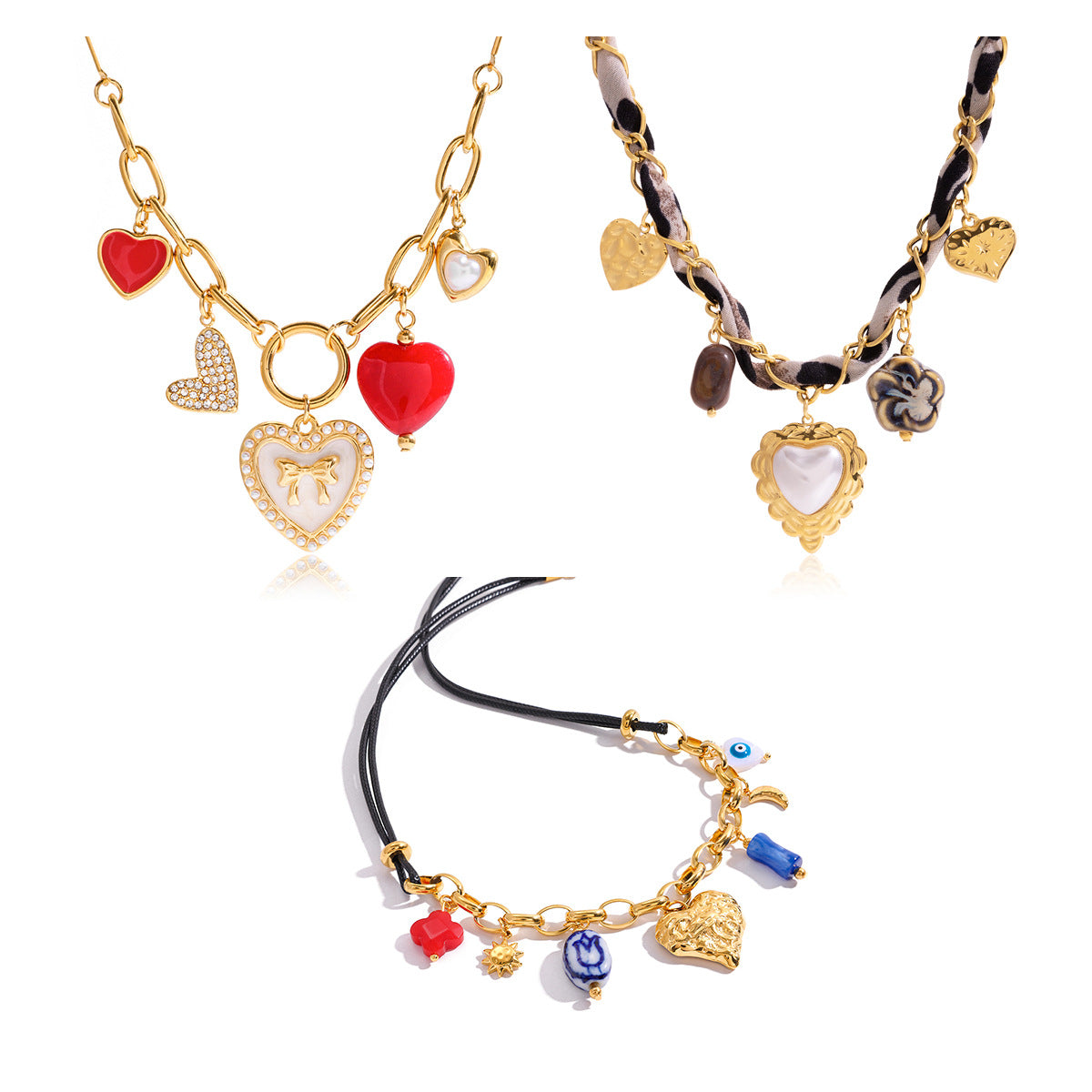 Retro Multi-Style Stainless Steel Heart Necklace Set